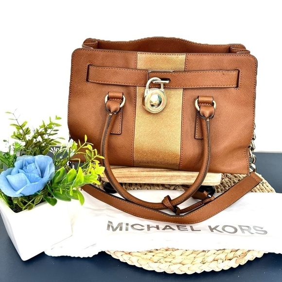 Michael Kors Hamilton Center Stripe Luggage Saffiano Satchel Crossbody Bag - Picture 1 of 16